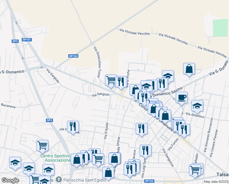 map of restaurants, bars, coffee shops, grocery stores, and more near 31 Corso Vittorio Emanuele II in Taranto