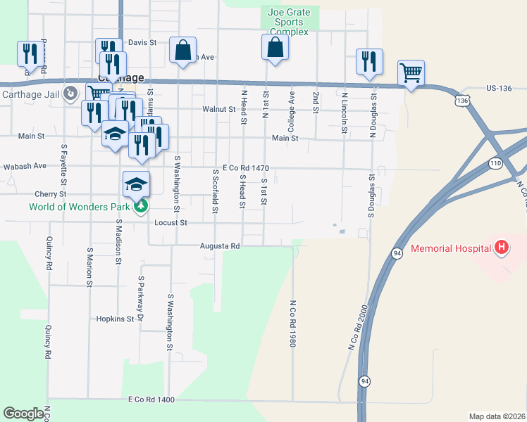 map of restaurants, bars, coffee shops, grocery stores, and more near 901-999 Locust Street in Carthage