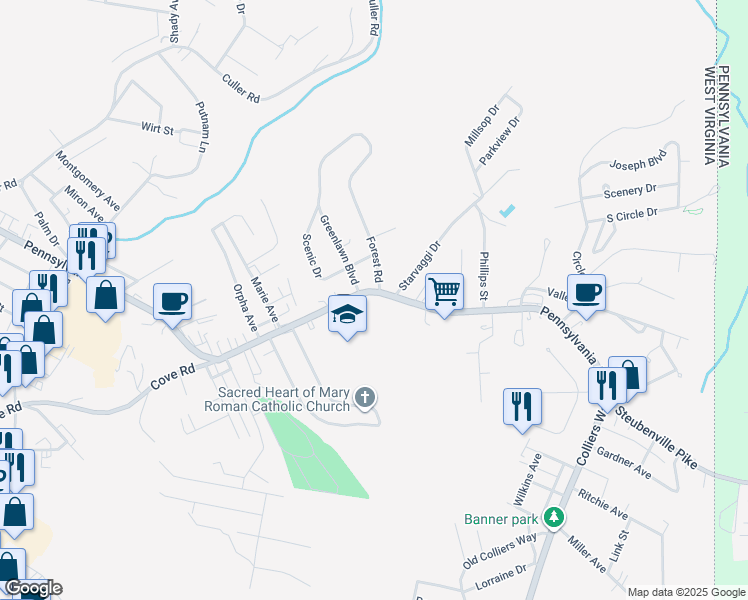 map of restaurants, bars, coffee shops, grocery stores, and more near 3460 Pennsylvania Avenue in Weirton