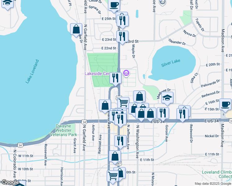 map of restaurants, bars, coffee shops, grocery stores, and more near 1619 North Lincoln Avenue in Loveland