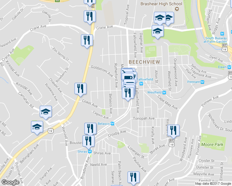 map of restaurants, bars, coffee shops, grocery stores, and more near 1604 Rutherford Avenue in Pittsburgh