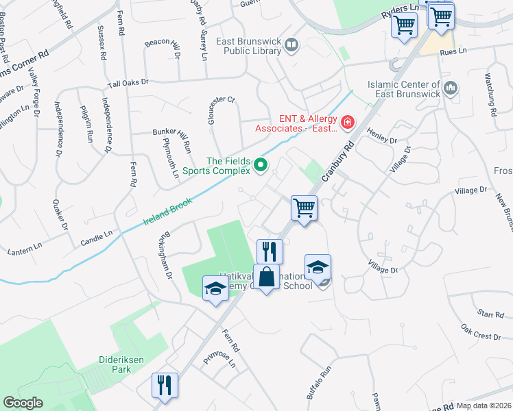map of restaurants, bars, coffee shops, grocery stores, and more near 5 Brier Hill Court in East Brunswick