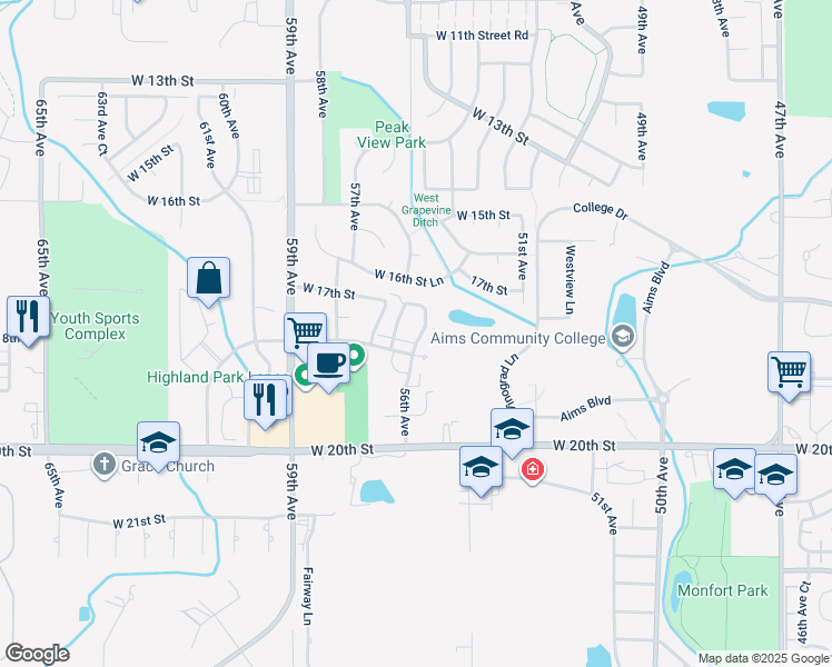 map of restaurants, bars, coffee shops, grocery stores, and more near 37 56th Avenue in Greeley