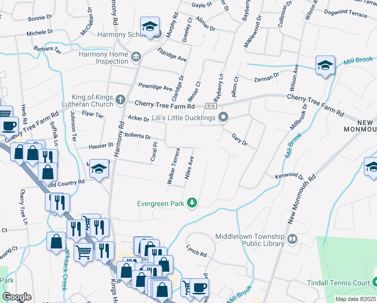map of restaurants, bars, coffee shops, grocery stores, and more near 1 Niles Avenue in Middletown Township