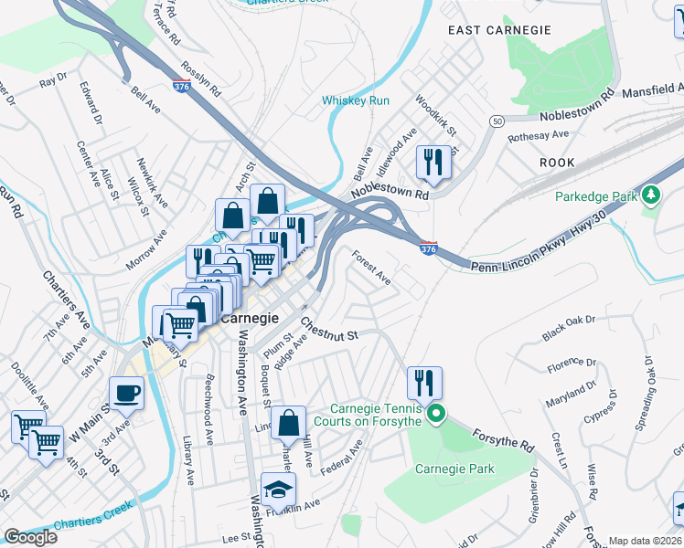 map of restaurants, bars, coffee shops, grocery stores, and more near 416 Grandview Avenue in Carnegie