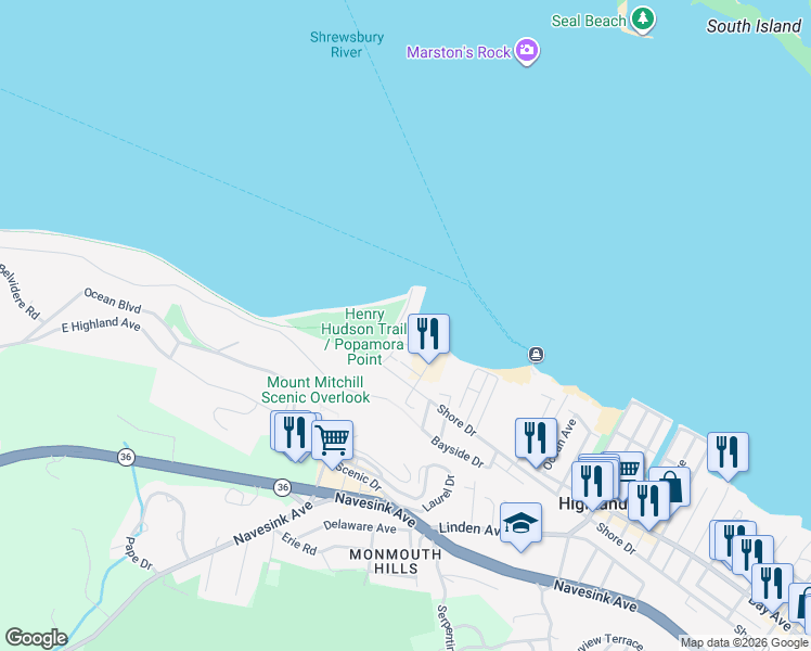 map of restaurants, bars, coffee shops, grocery stores, and more near 8 Halfmoon Court in Highlands