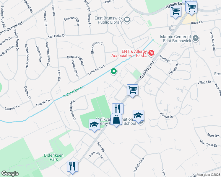 map of restaurants, bars, coffee shops, grocery stores, and more near 1 Brier Hill Court in East Brunswick