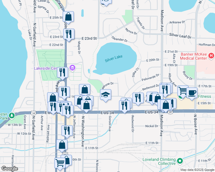 map of restaurants, bars, coffee shops, grocery stores, and more near 722 Madrone Drive in Loveland