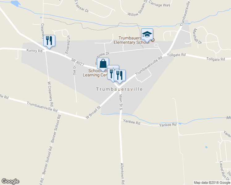 map of restaurants, bars, coffee shops, grocery stores, and more near 8 West Broad Street in Trumbauersville