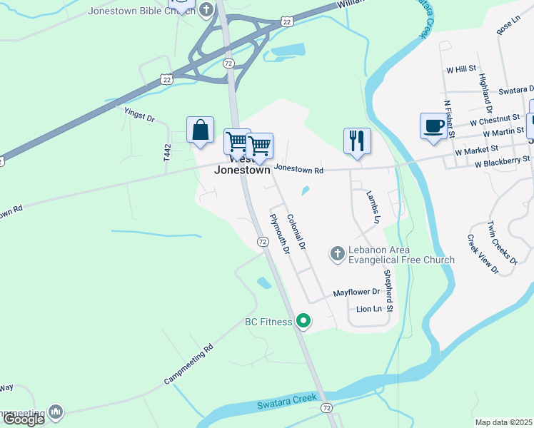 map of restaurants, bars, coffee shops, grocery stores, and more near 5 Plymouth Drive in Jonestown
