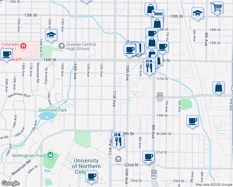 map of restaurants, bars, coffee shops, grocery stores, and more near 1820 11th Avenue in Greeley