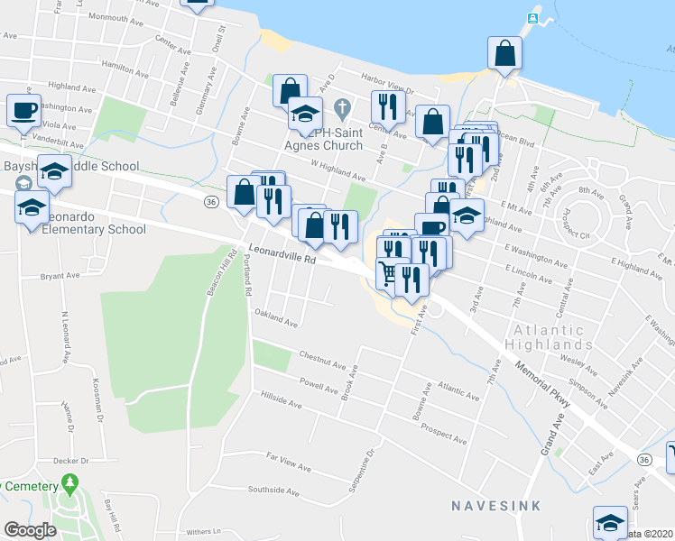 map of restaurants, bars, coffee shops, grocery stores, and more near 4 Leonardville Road in Atlantic Highlands