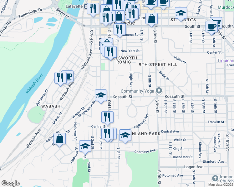 map of restaurants, bars, coffee shops, grocery stores, and more near 508 Kossuth Street in Lafayette