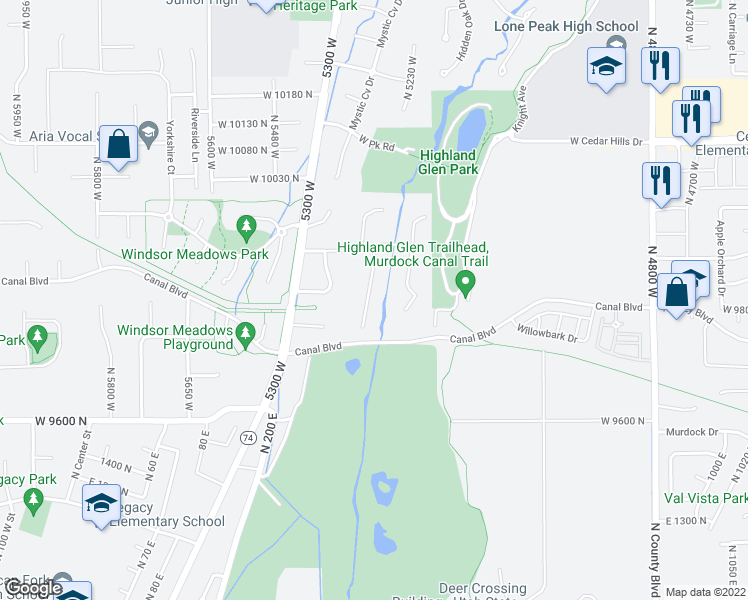 map of restaurants, bars, coffee shops, grocery stores, and more near 9822 North Pheasant Drive in Highland