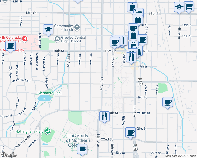 map of restaurants, bars, coffee shops, grocery stores, and more near 1115 Cranford Place in Greeley