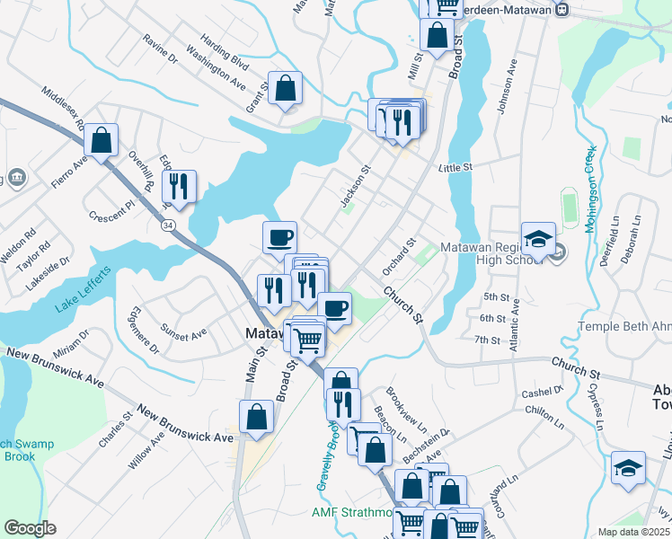map of restaurants, bars, coffee shops, grocery stores, and more near 238a Main Street in Matawan