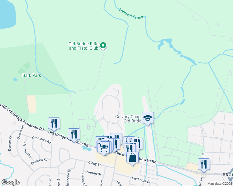 map of restaurants, bars, coffee shops, grocery stores, and more near 138 Community Circle in Old Bridge