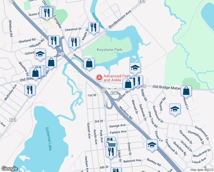 map of restaurants, bars, coffee shops, grocery stores, and more near 182 County Road 516 in Old Bridge