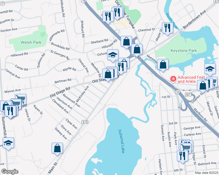 map of restaurants, bars, coffee shops, grocery stores, and more near 90 Main Street in East Brunswick
