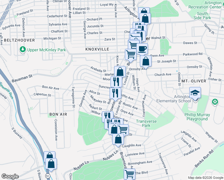 map of restaurants, bars, coffee shops, grocery stores, and more near 225 Alice Street in Pittsburgh