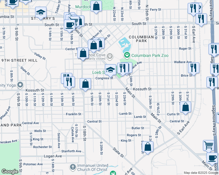 map of restaurants, bars, coffee shops, grocery stores, and more near 2117 Kossuth Street in Lafayette