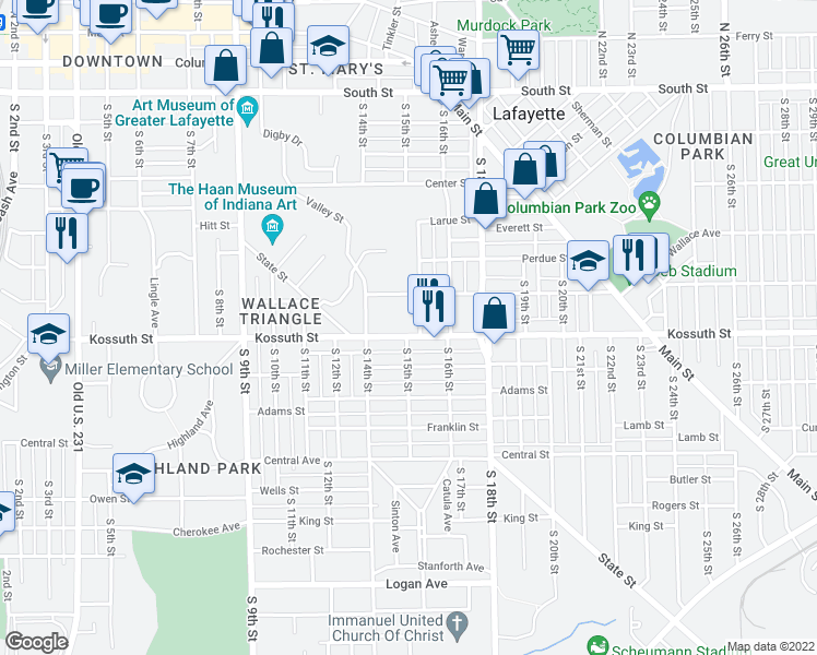 map of restaurants, bars, coffee shops, grocery stores, and more near 1501 Kossuth Street in Lafayette