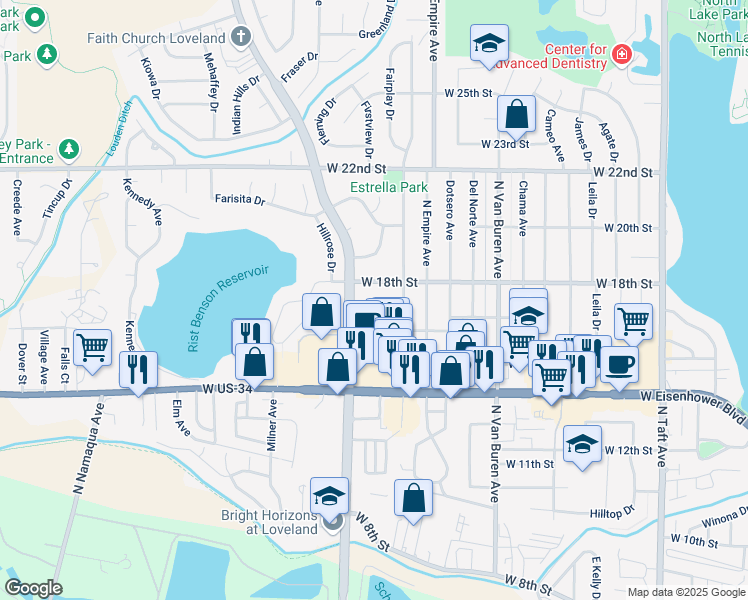 map of restaurants, bars, coffee shops, grocery stores, and more near 2343 Greeley Drive in Loveland