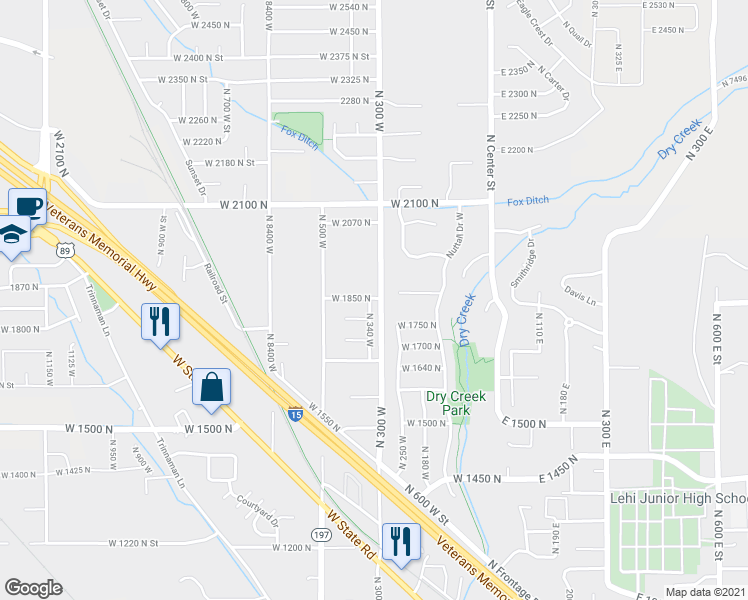 map of restaurants, bars, coffee shops, grocery stores, and more near 3454 North 340 West in Lehi