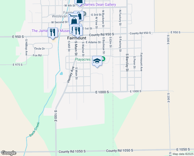 map of restaurants, bars, coffee shops, grocery stores, and more near 500 South Sycamore Street in Fairmount