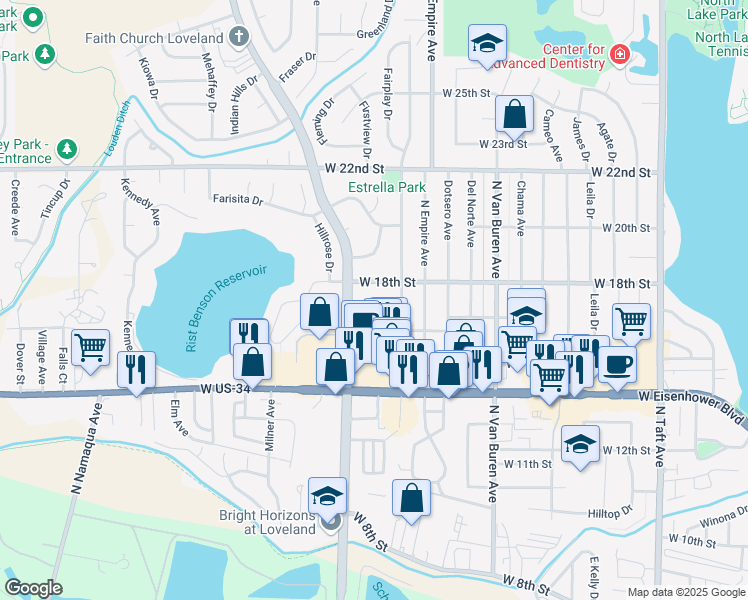 map of restaurants, bars, coffee shops, grocery stores, and more near 2341 Greeley Drive in Loveland