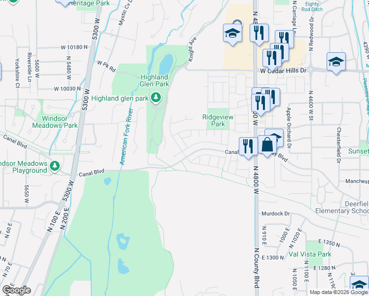 map of restaurants, bars, coffee shops, grocery stores, and more near 9806 North Willowbank Drive in Highland
