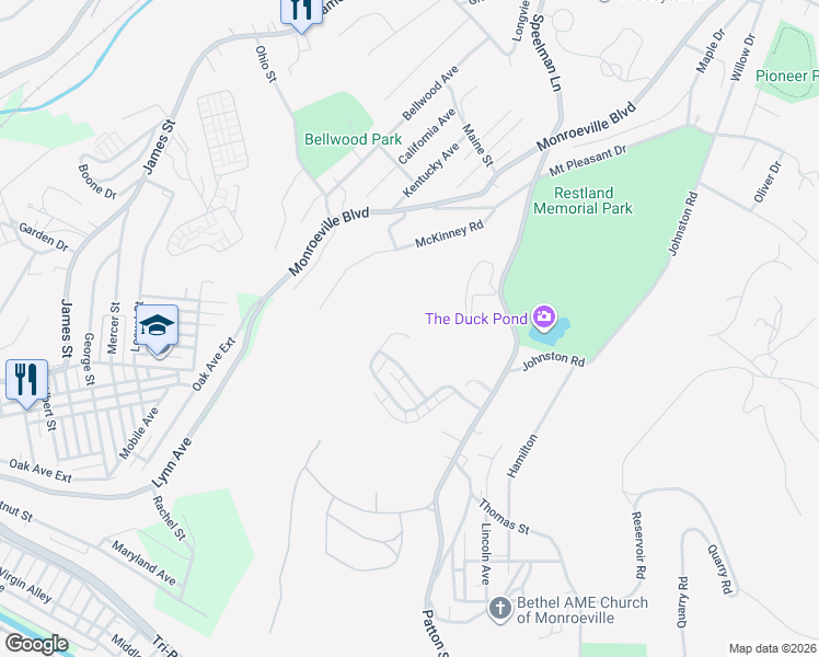 map of restaurants, bars, coffee shops, grocery stores, and more near 418 Shady Ridge Drive in Monroeville