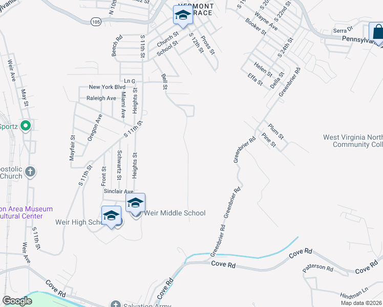 map of restaurants, bars, coffee shops, grocery stores, and more near 287 Bell Boulevard in Weirton