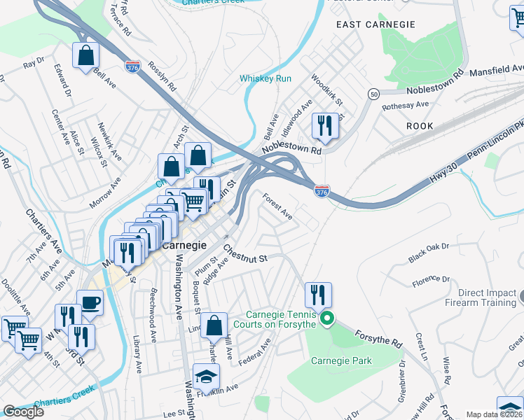 map of restaurants, bars, coffee shops, grocery stores, and more near 416 Grandview Avenue in Carnegie