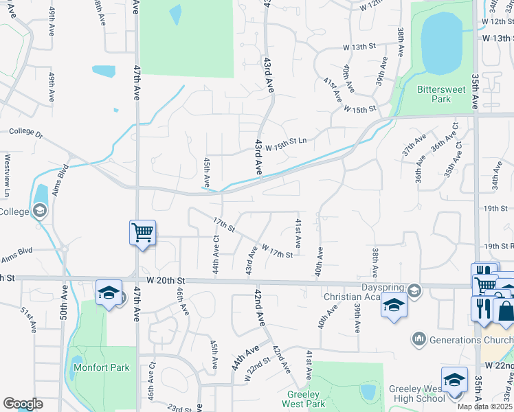 map of restaurants, bars, coffee shops, grocery stores, and more near 4346 16th Street Road in Greeley