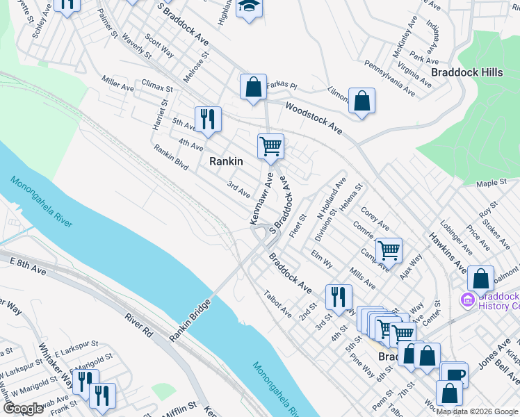 map of restaurants, bars, coffee shops, grocery stores, and more near 13 3rd Avenue in Braddock