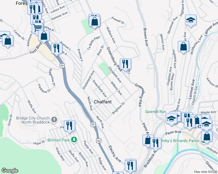 map of restaurants, bars, coffee shops, grocery stores, and more near 212 Highland Avenue in East Pittsburgh