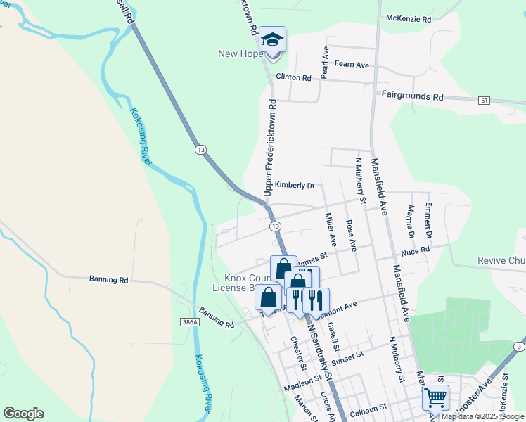 map of restaurants, bars, coffee shops, grocery stores, and more near 723 North Sandusky Street in Mount Vernon