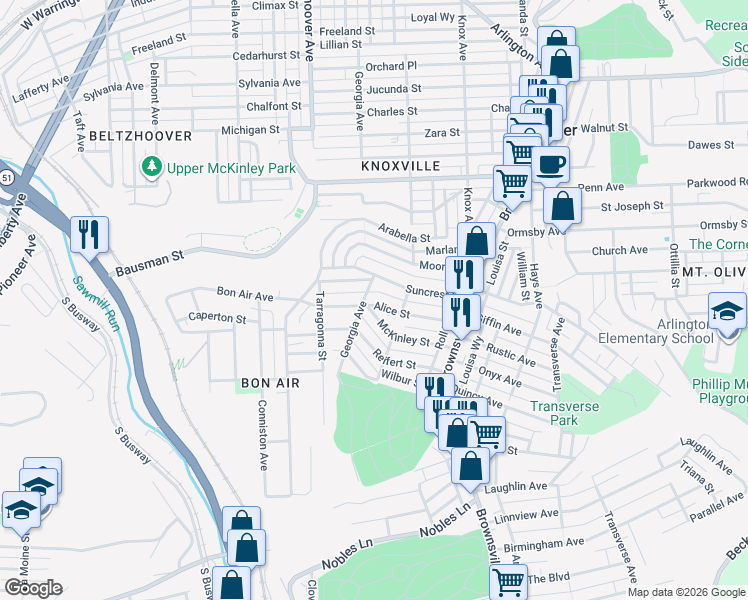map of restaurants, bars, coffee shops, grocery stores, and more near 334 McKinley Street in Pittsburgh
