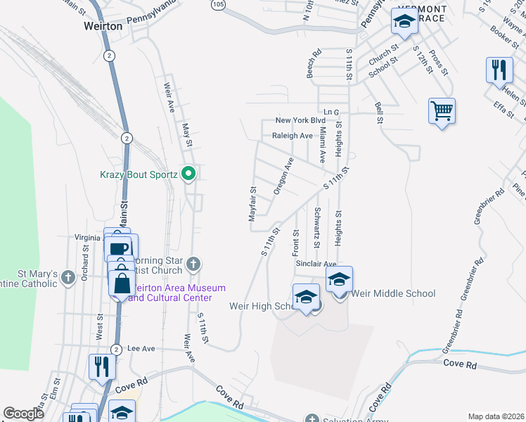 map of restaurants, bars, coffee shops, grocery stores, and more near 273 Oregon Avenue in Weirton