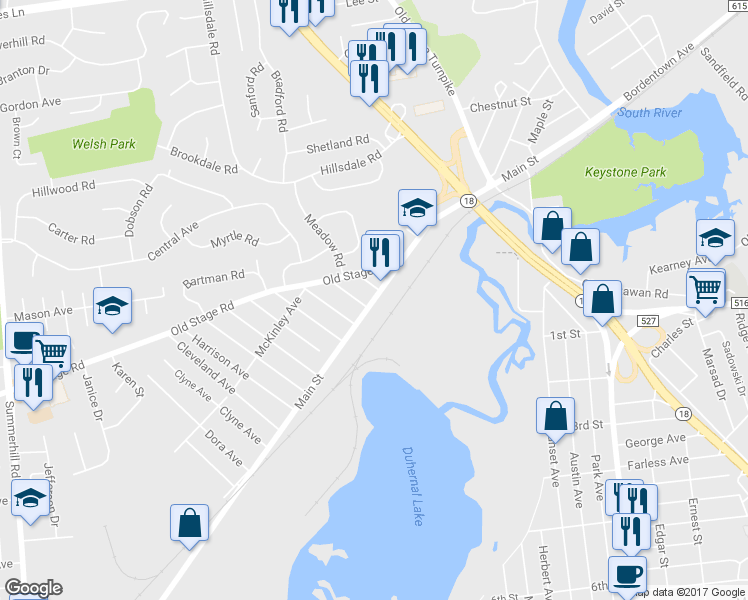 map of restaurants, bars, coffee shops, grocery stores, and more near 90 Main Street in East Brunswick