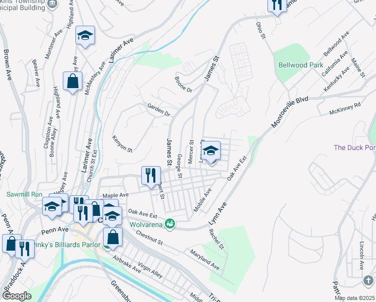 map of restaurants, bars, coffee shops, grocery stores, and more near 521 Locust Street in Turtle Creek