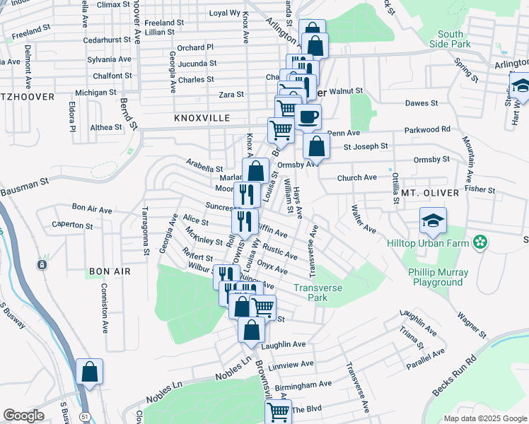 map of restaurants, bars, coffee shops, grocery stores, and more near 127 Margaret Street in Pittsburgh