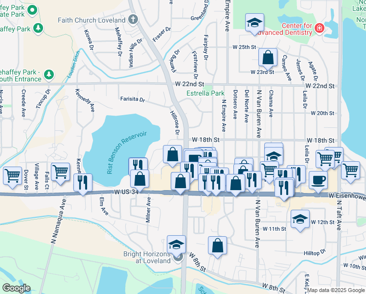 map of restaurants, bars, coffee shops, grocery stores, and more near 1763 Wilson Avenue in Loveland