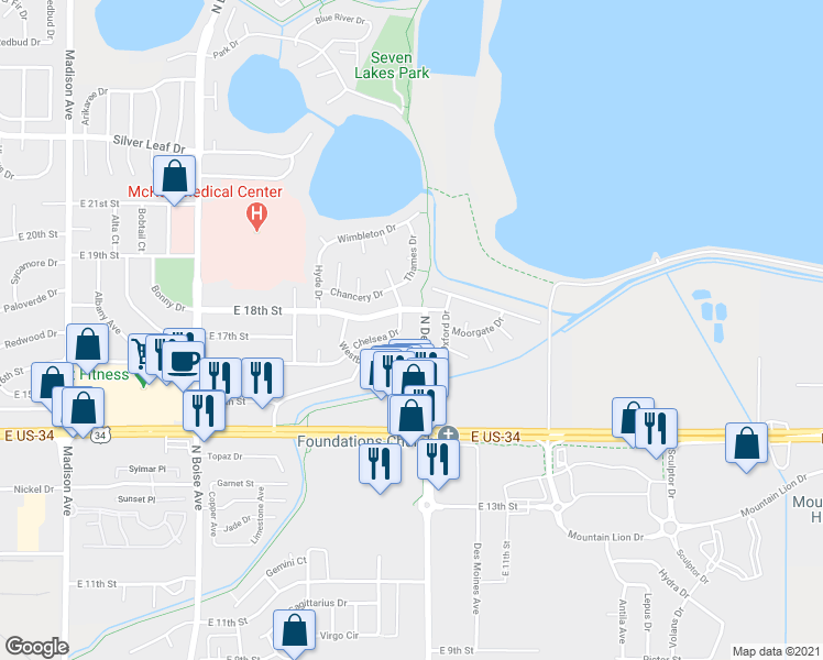 map of restaurants, bars, coffee shops, grocery stores, and more near 1697 North Denver Avenue in Loveland