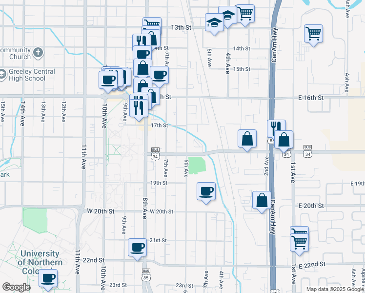 map of restaurants, bars, coffee shops, grocery stores, and more near 1735 6th Avenue in Greeley