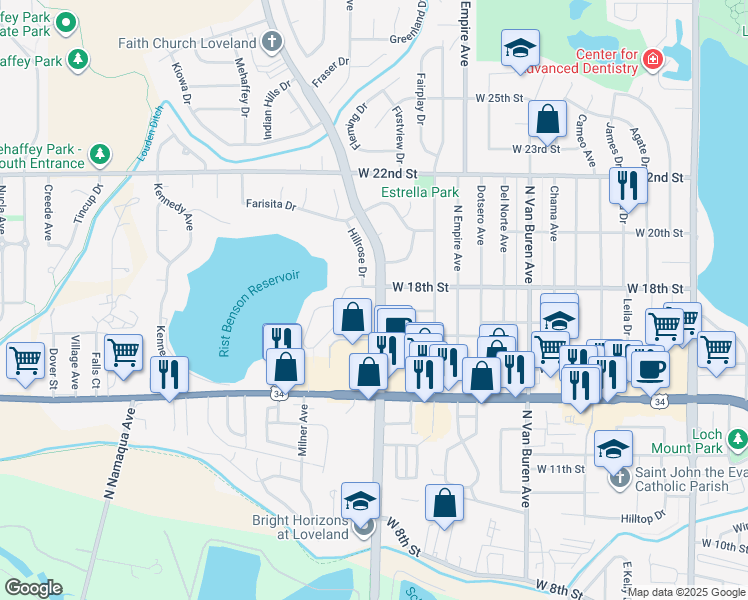 map of restaurants, bars, coffee shops, grocery stores, and more near 1727 Wilson Avenue in Loveland