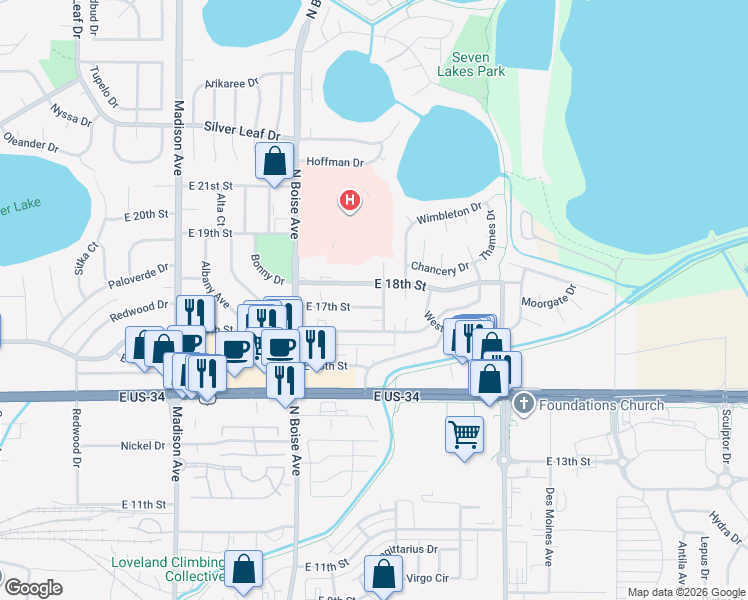 map of restaurants, bars, coffee shops, grocery stores, and more near 1707 Cheyenne Avenue in Loveland