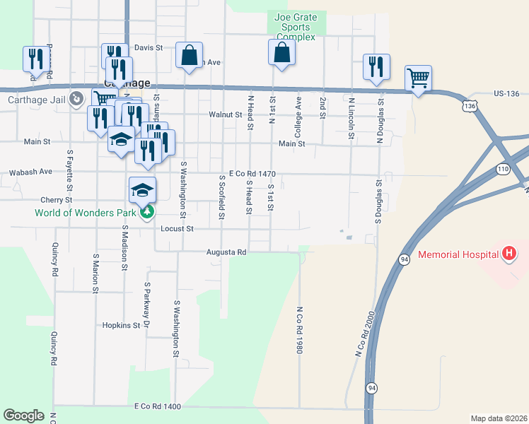 map of restaurants, bars, coffee shops, grocery stores, and more near 901-999 Locust Street in Carthage