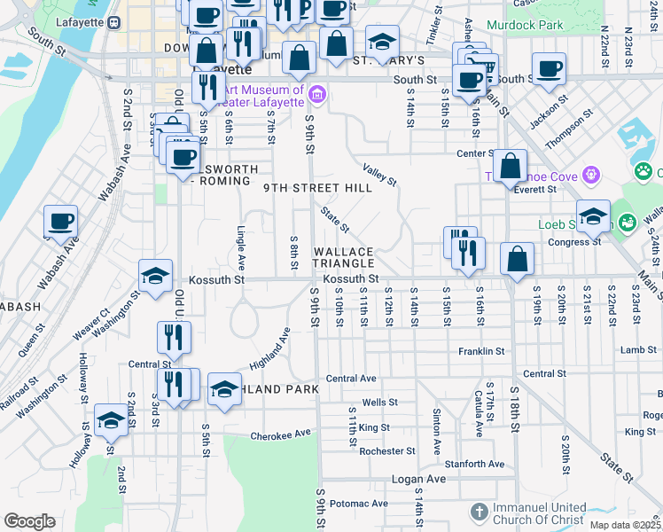 map of restaurants, bars, coffee shops, grocery stores, and more near 614 South 10th Street in Lafayette